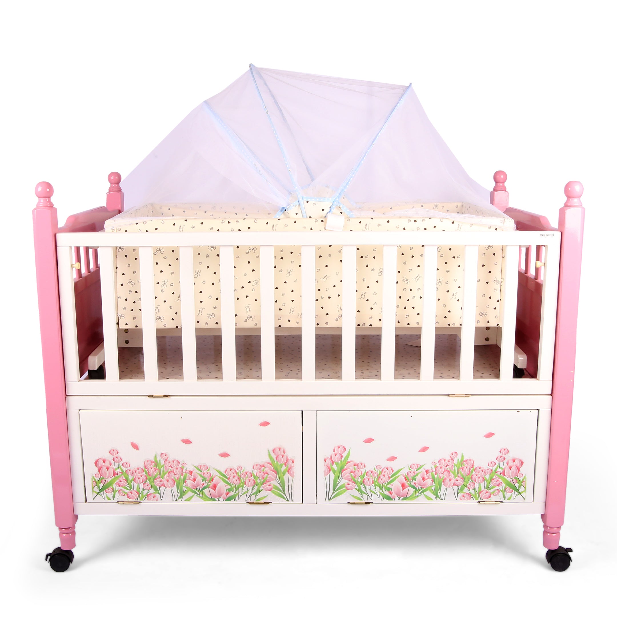 Wooden Baby Cot & Cradle with Mosquito Net White & Pink