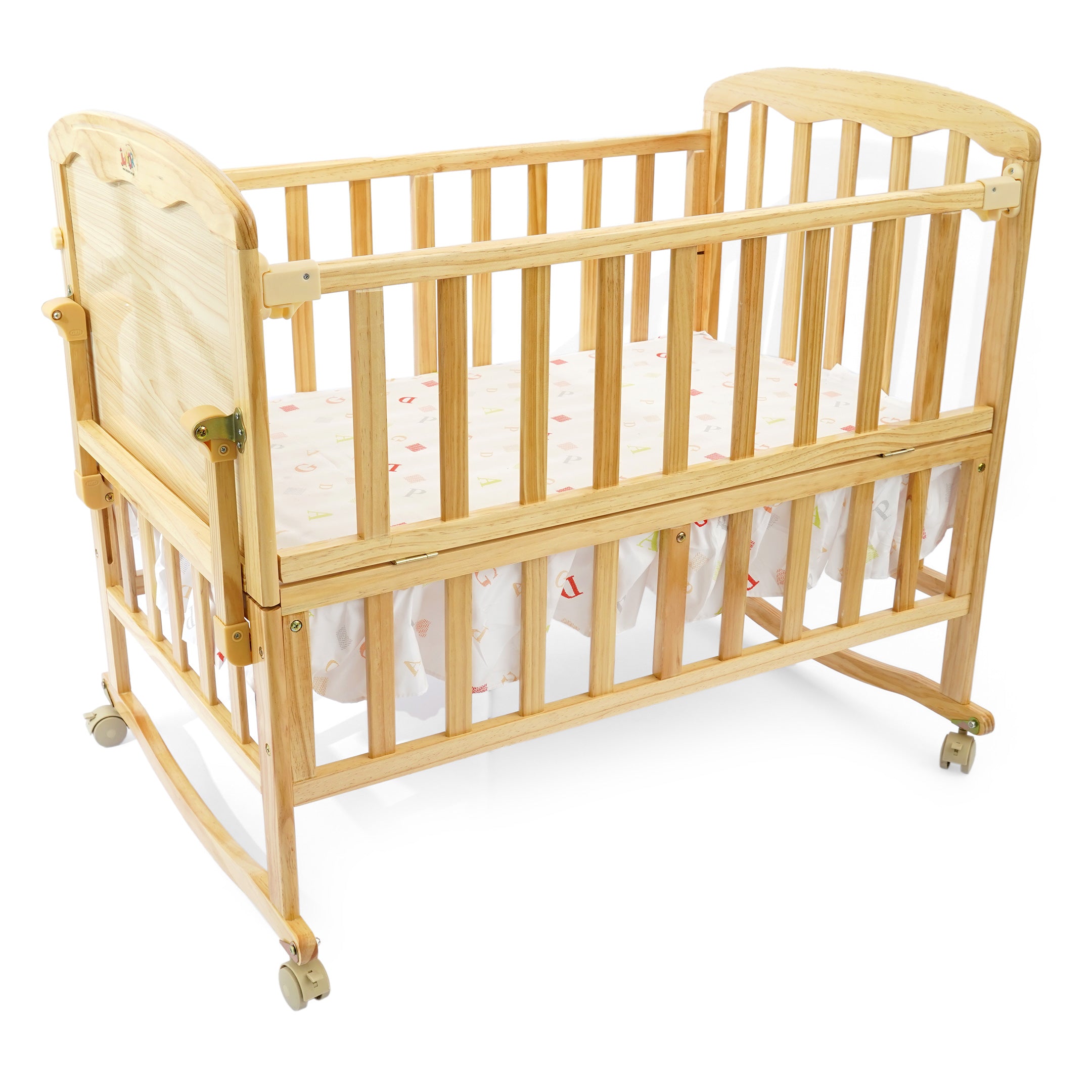 Brown Wooden Baby Cot with Wheels