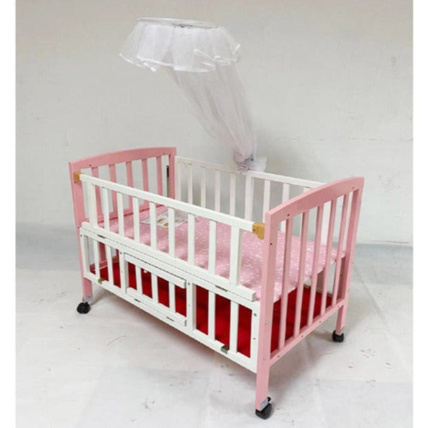 Wooden Baby Cot White & Pink with Mosquito Net