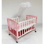 Wooden Baby Cot White & Pink with Mosquito Net