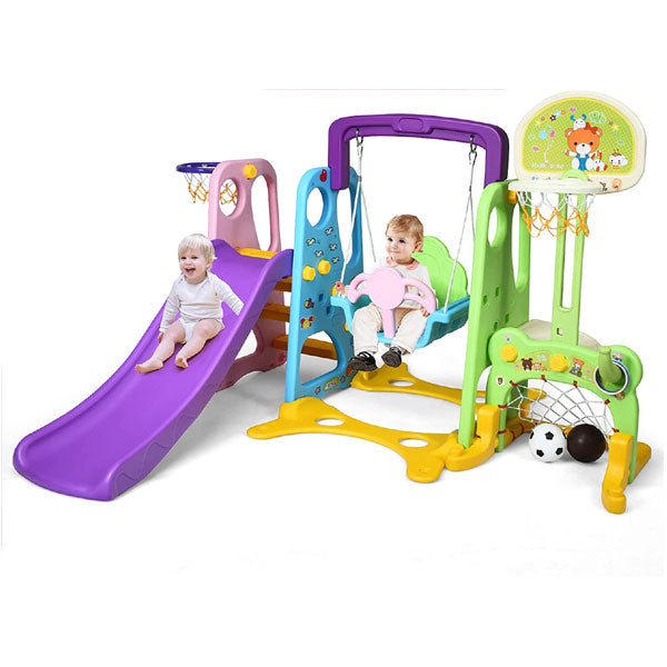 4 In 1 Kids Slide With Basket Ball Foot Ball and Swing Set