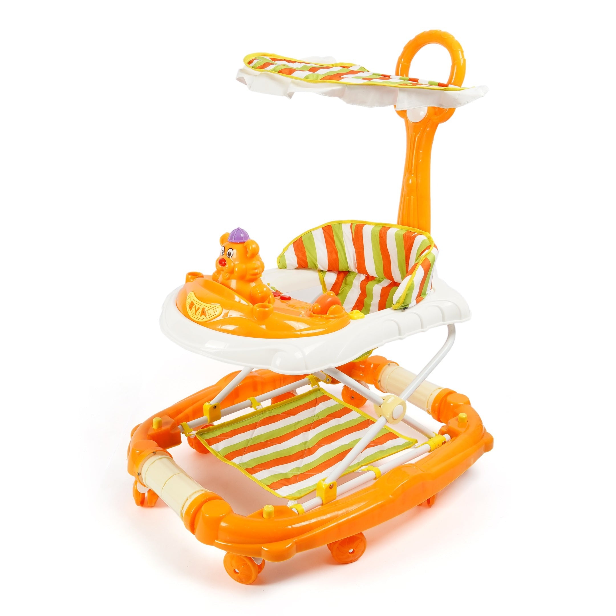 Lion Face Baby Walker With Canopy & Push Bar - Orange